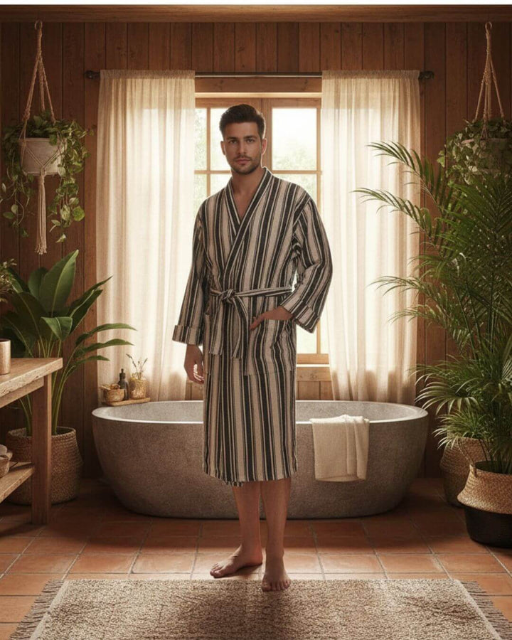 Cotton Linen Blend Kimono Bathrobe – Lightweight Unisex Robe