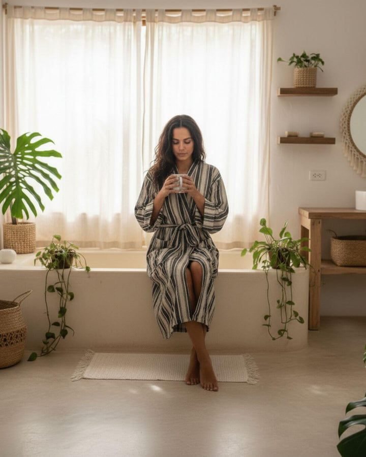Cotton Linen Blend Kimono Bathrobe – Lightweight Unisex Robe