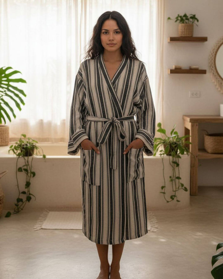 Cotton Linen Blend Kimono Bathrobe – Lightweight Unisex Robe