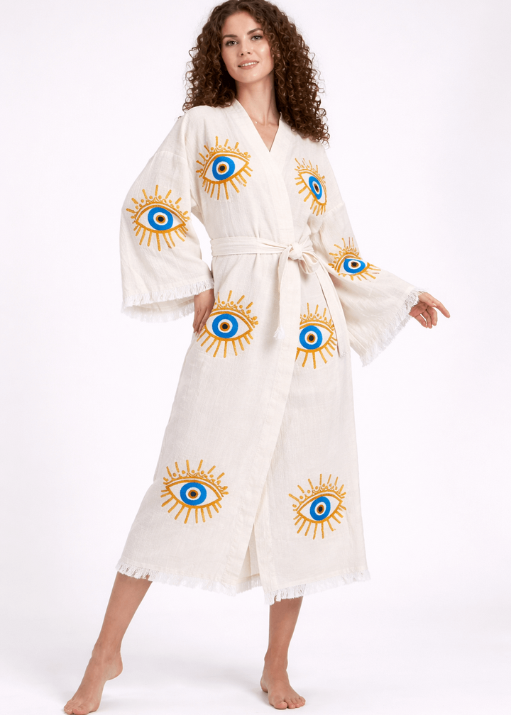 Evil Eye Hand Printed Kimono Natural