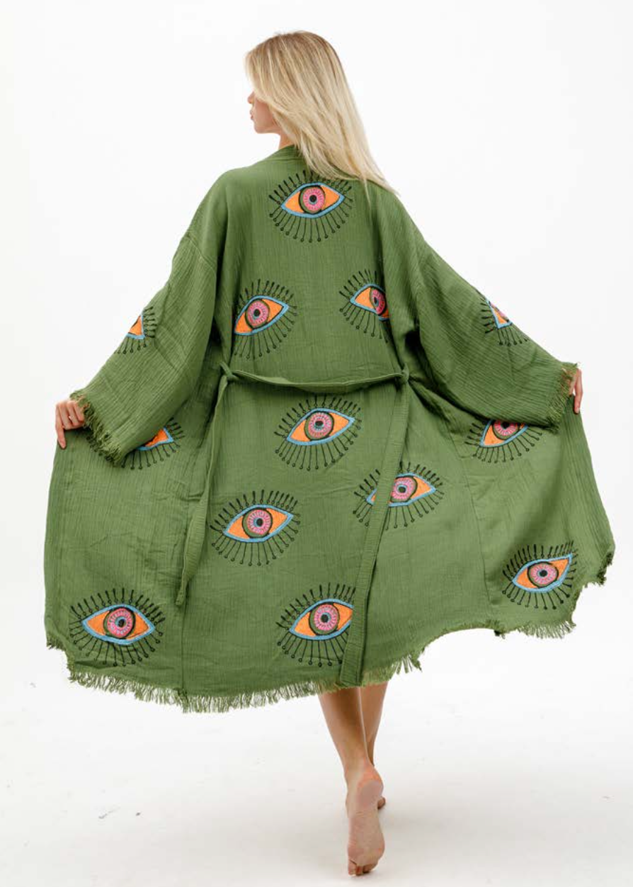 Evil Eye Hand Printed Kimono Natural
