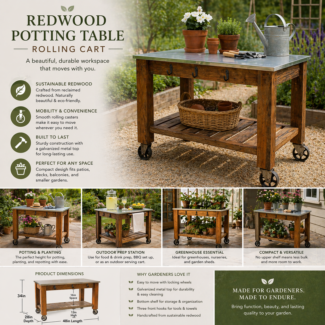 Redwood Potting Table Rolling Cart - Multiple Choice Available - Made in the U.S.A