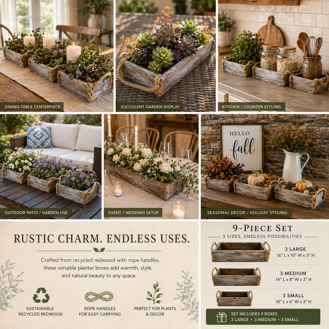 Rustic Redwood Planter Box Set with Rope Handles (9-Piece Collection)-Made in the U.S.A