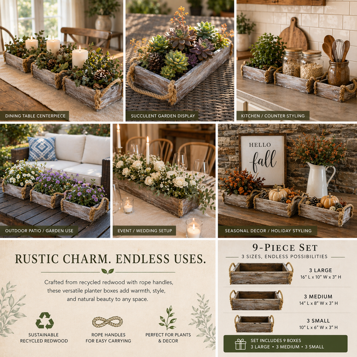 Rustic Redwood Planter Box Set with Rope Handles (9-Piece Collection)-Made in the U.S.A