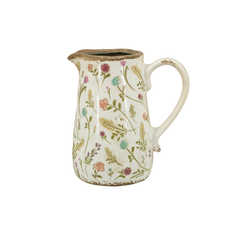 Round Ceramic Pitcher Vase with Multi-Colored Floral Motifs