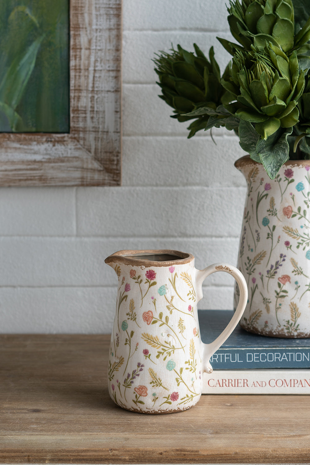Round Ceramic Pitcher Vase with Multi-Colored Floral Motifs