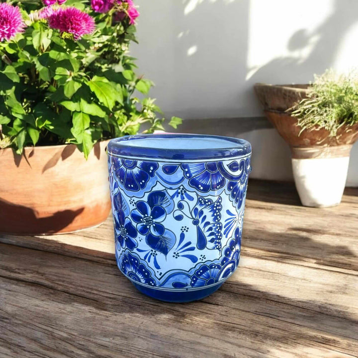 Artisan Talavera Planter | Blue &amp; White Mexican Flower Pot