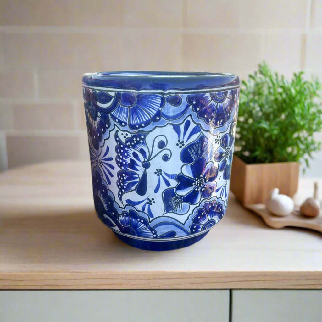 Artisan Talavera Planter | Blue &amp; White Mexican Flower Pot
