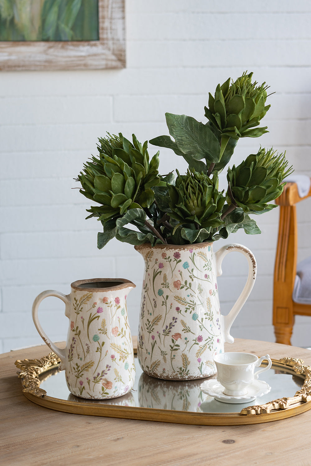 Round Ceramic Pitcher Vase with Multi-Colored Floral Motifs