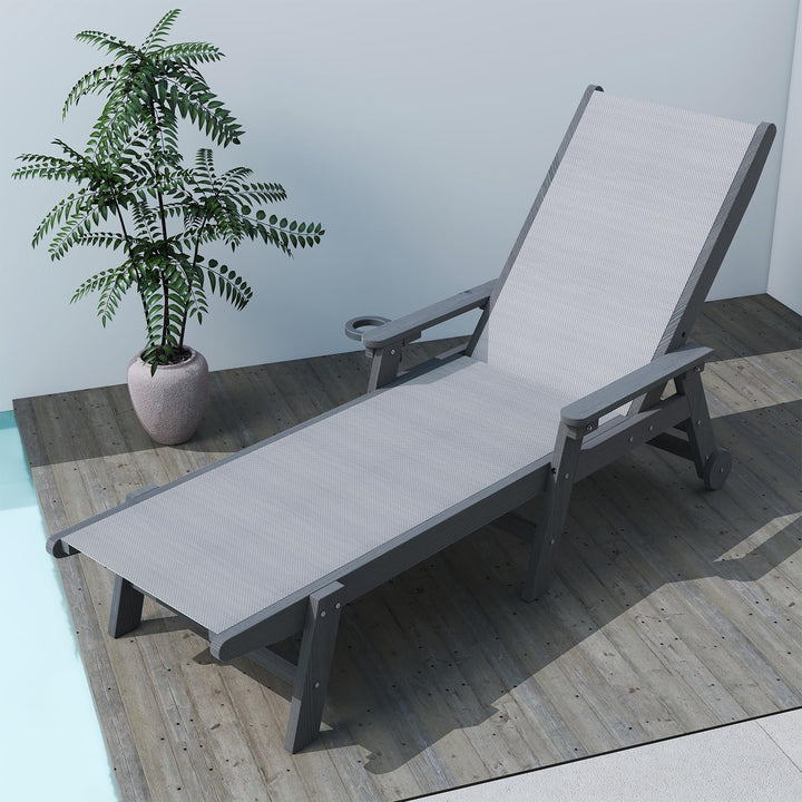 Lounge Chair Outdoor, HDPE Chaise Lounge with Wheels and 5-Position Recliner