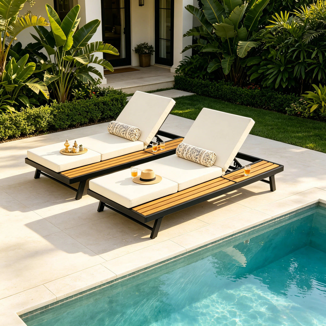 Black Iron + Teak Finish Chaise Lounge Set