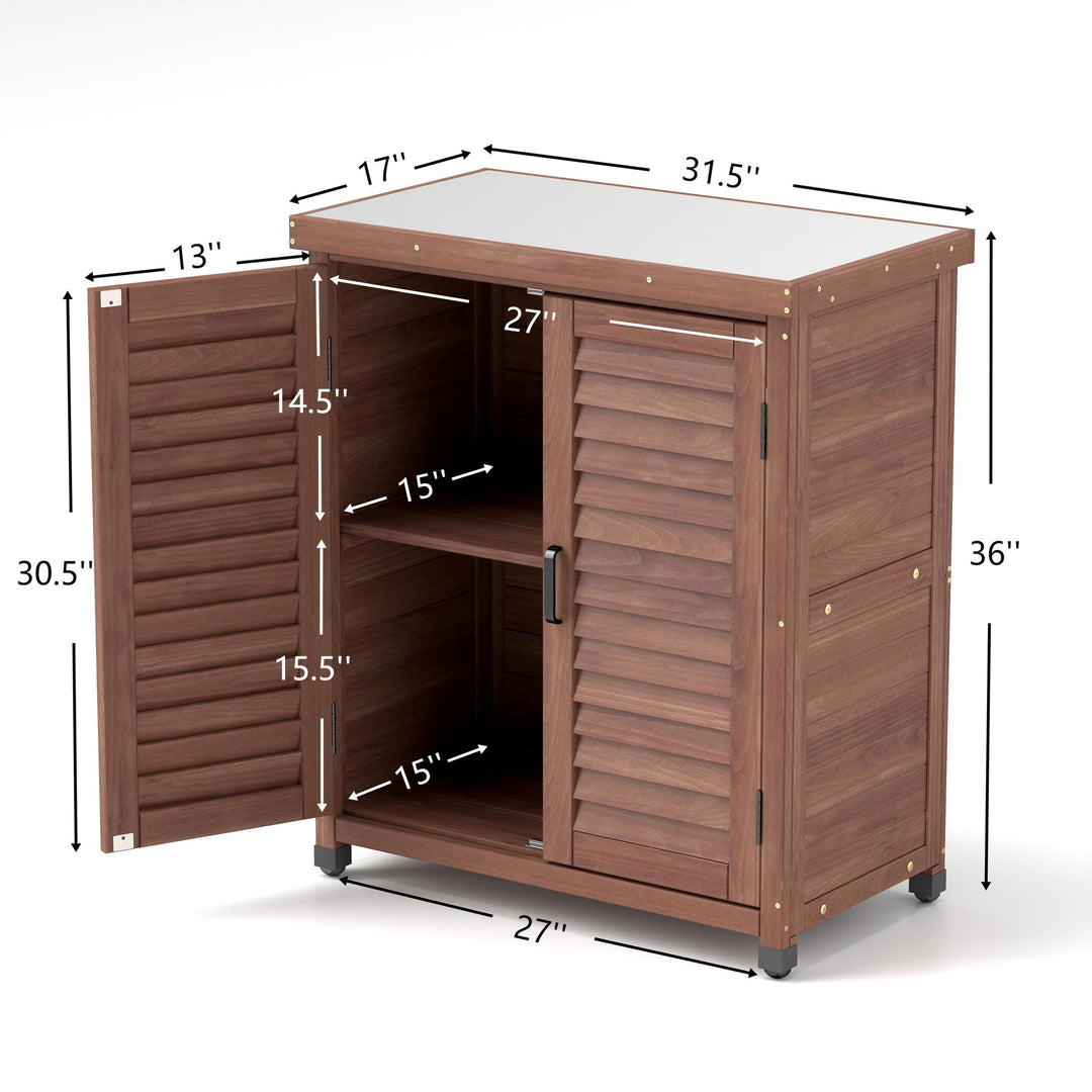 Potting Bench With Storage Cabinet And Metal Table Top For Outdoor