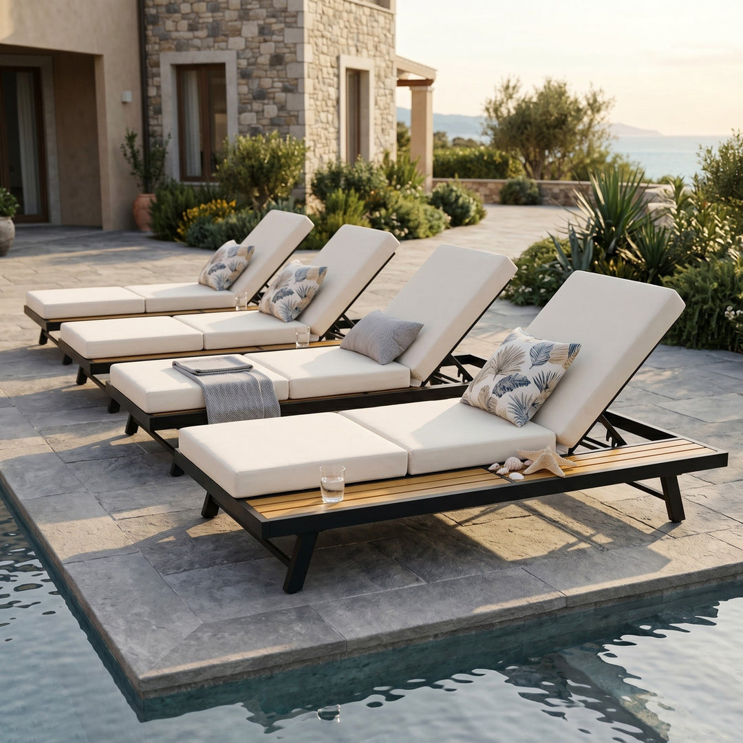 Black Iron + Teak Finish Chaise Lounge Set