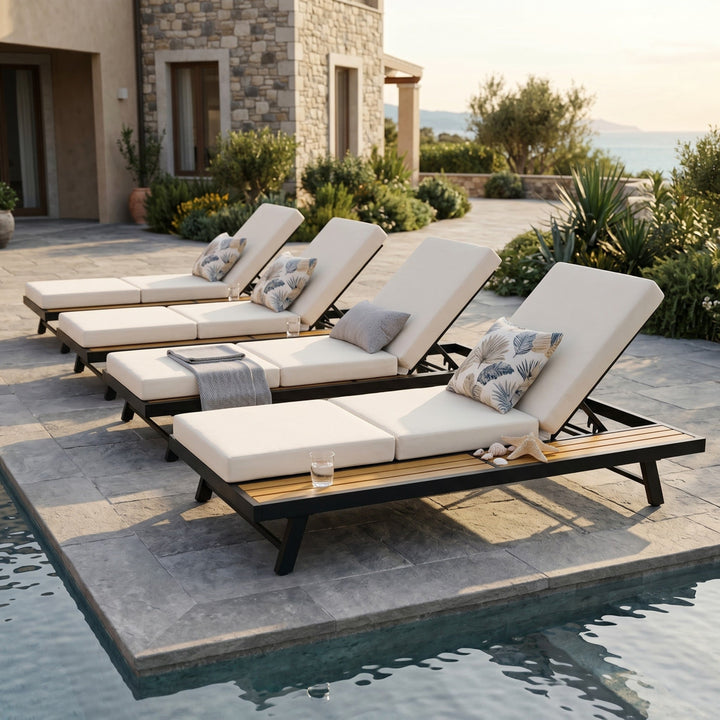 Black Iron + Teak Finish Chaise Lounge Set
