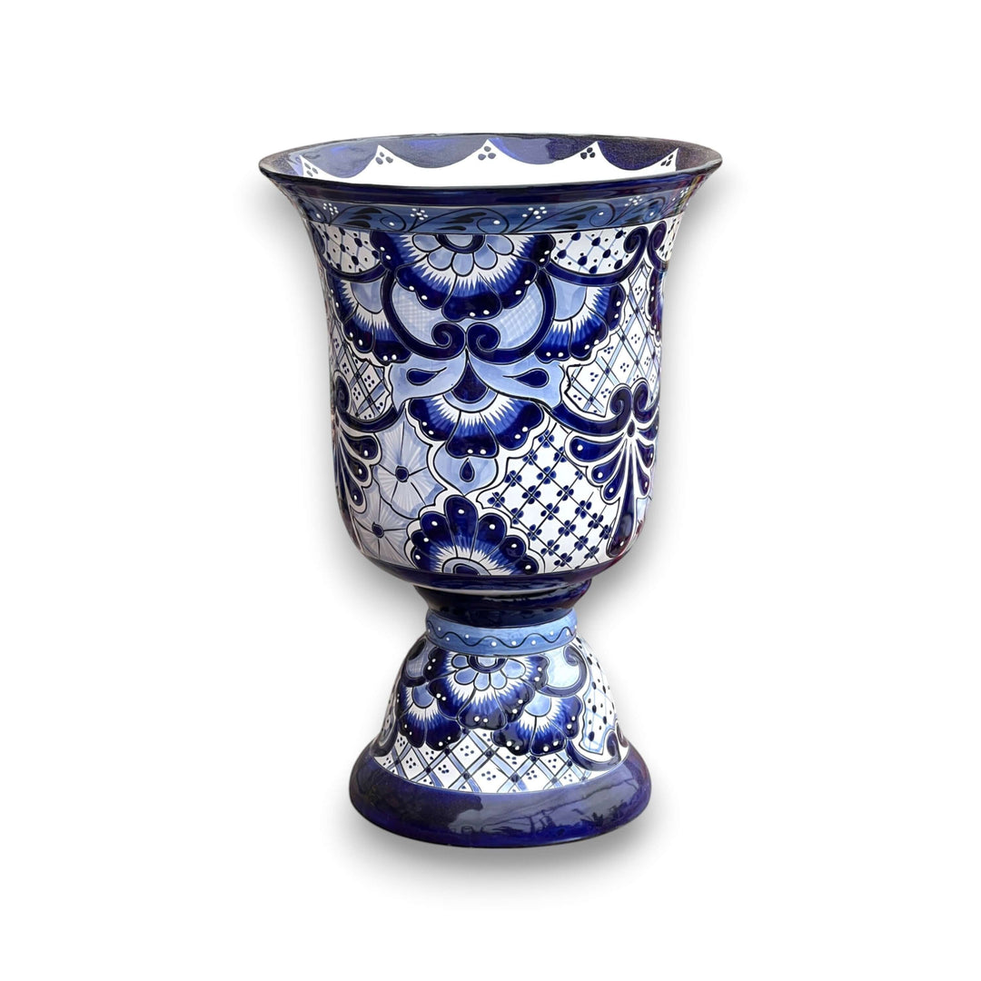Extra Large Talavera Planter | Hand-Painted Blue Pedestal Flower Pot
