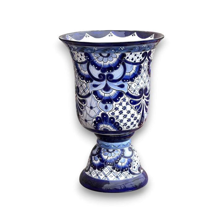 Extra Large Talavera Planter | Hand-Painted Blue Pedestal Flower Pot