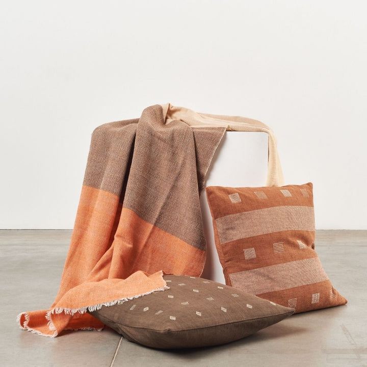 Chestnut Orange Cream Color Block Handwoven Merino Throw