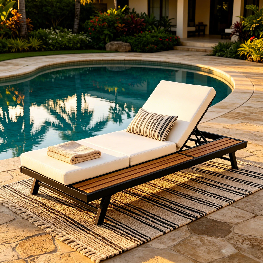 Black Iron + Teak Finish Chaise Lounge Set