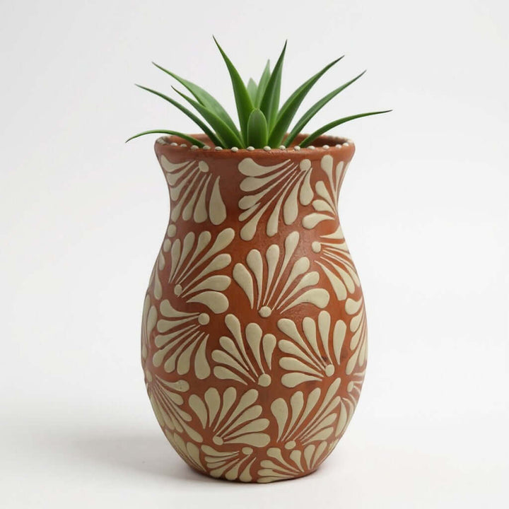 Brown &amp; White Talavera Relief Vase | Hand-Painted Pottery