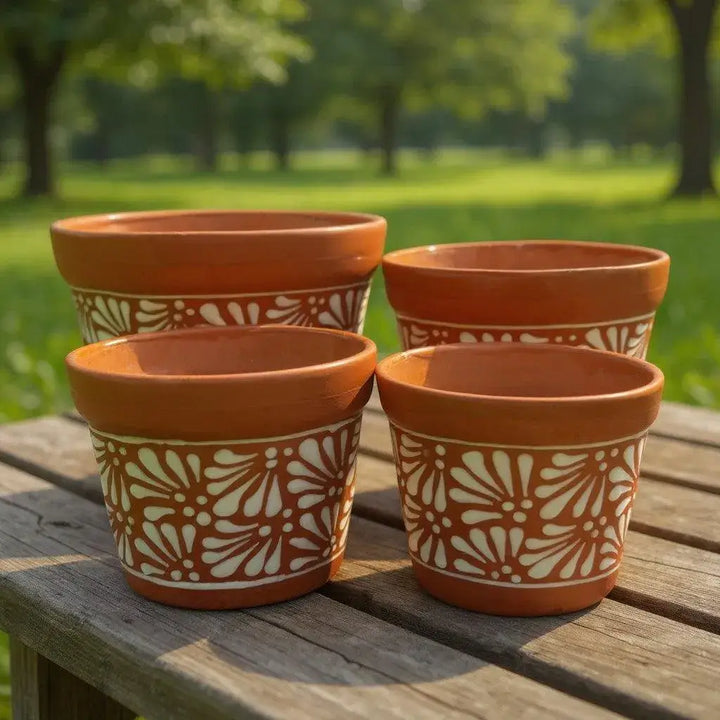 Set of 4 Talavera Flower Pots | Brown &amp; White Terracotta Planters