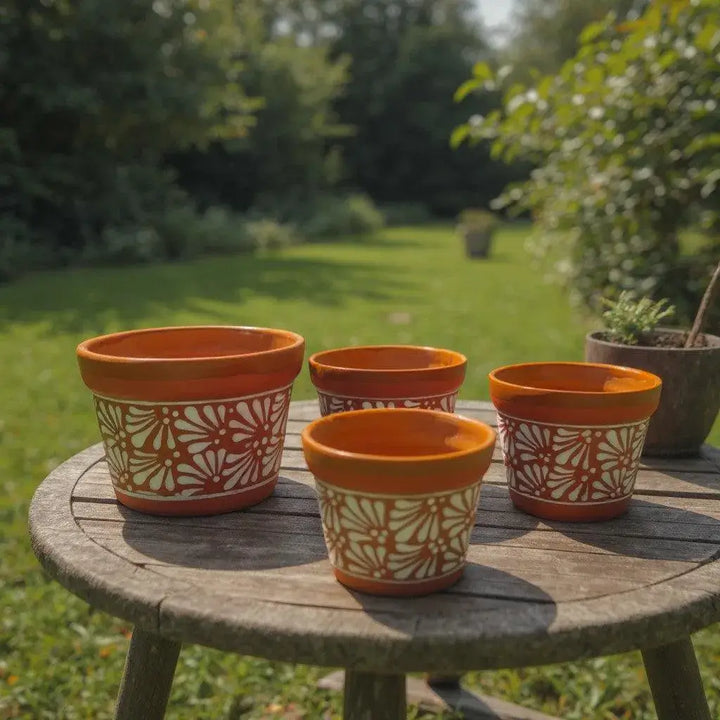 Set of 4 Talavera Flower Pots | Brown &amp; White Terracotta Planters