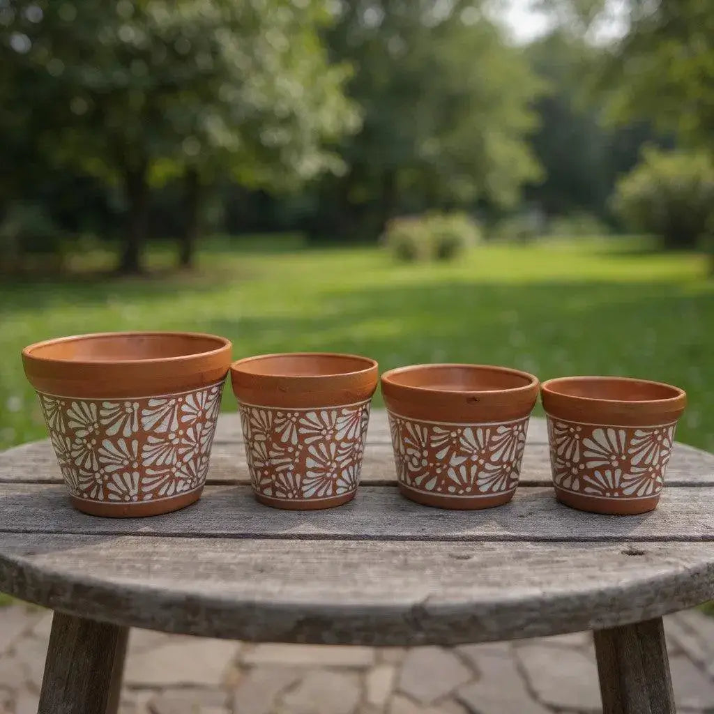 Set of 4 Talavera Flower Pots | Brown &amp; White Terracotta Planters
