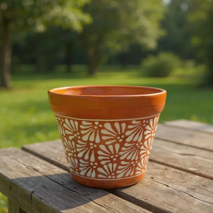 Set of 4 Talavera Flower Pots | Brown &amp; White Terracotta Planters