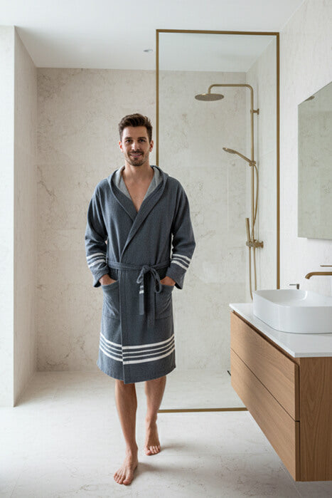 Organic Turkish Cotton Short Bathrobe with Hood – Lightweight Robe