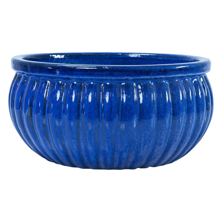 Ribbed Glazed Ceramic Planter Bowl - Imperial Blue