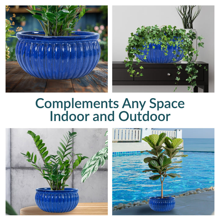 Ribbed Glazed Ceramic Planter Bowl - Imperial Blue
