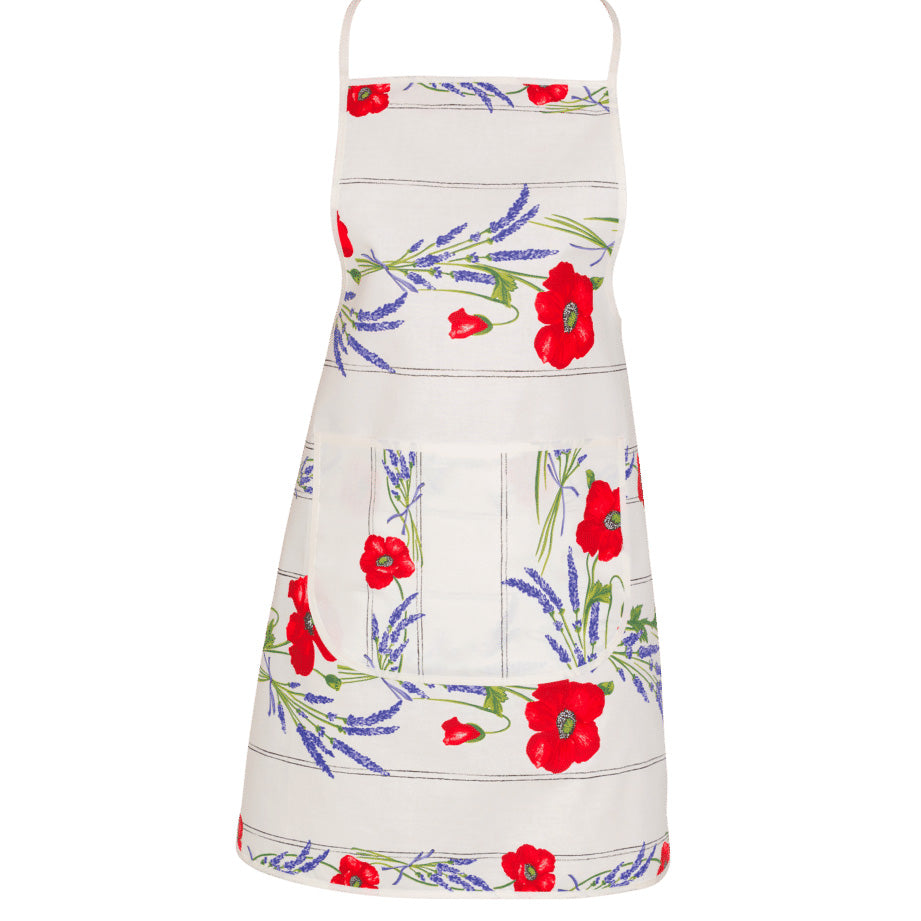 French kitchen apron - 100% Cotton - Poppies ivory | Tissus Toselli - MADE IN FRANCE