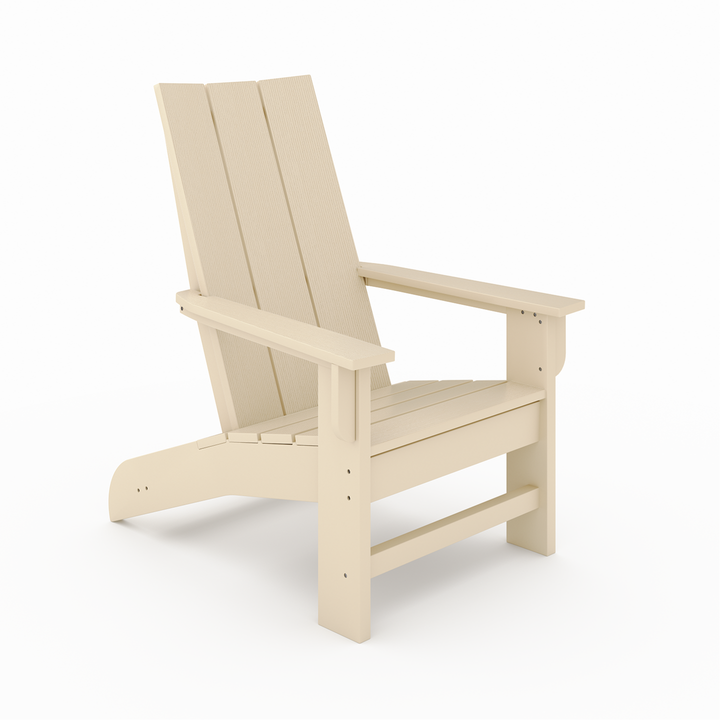 Savannah Adirondack Chair in beige recycled HDPE lumber with wide arms and contoured seat for outdoor comfort.