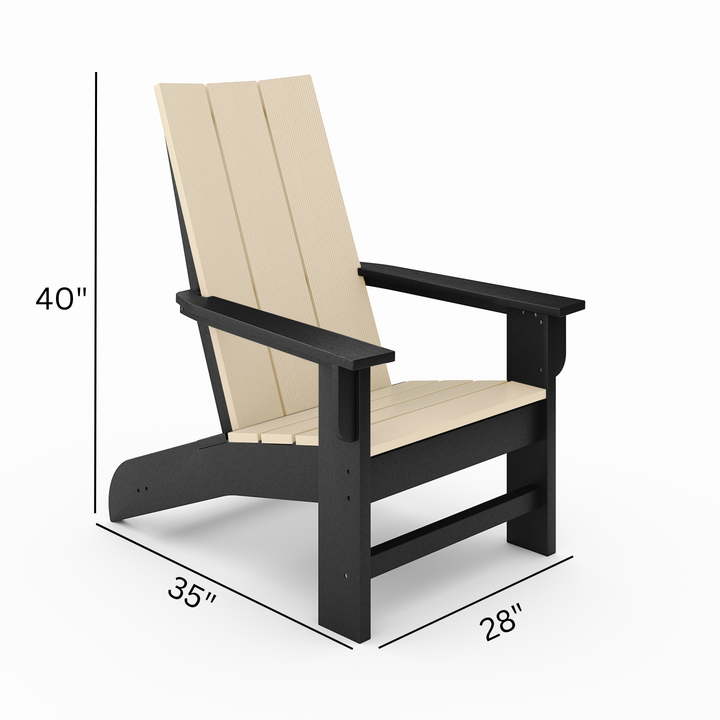 Savannah Adirondack Chair with black frame and beige slatted back and seat made from weatherproof recycled HDPE lumber