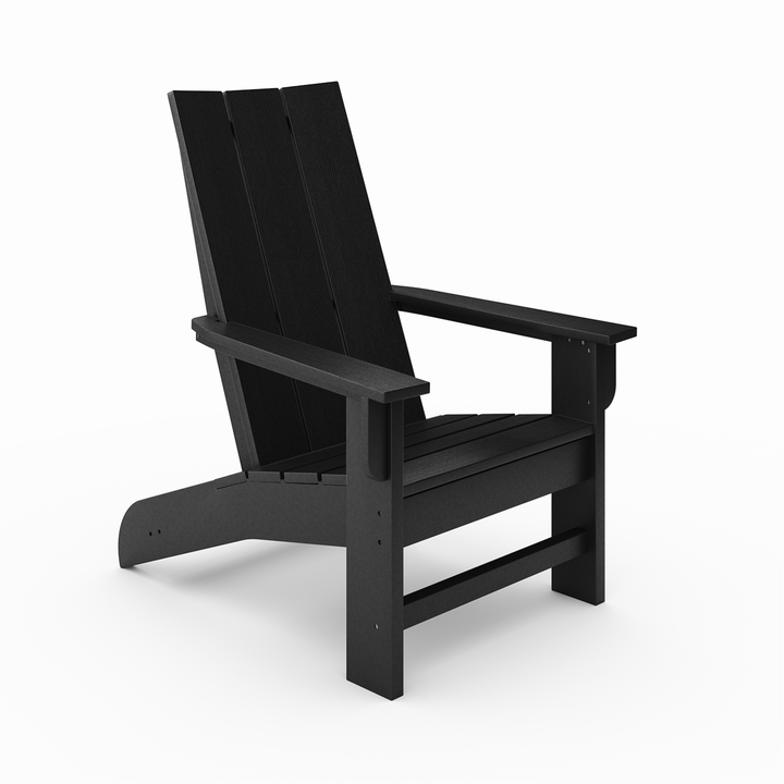 Savannah Adirondack Chair in black recycled HDPE lumber with wide arms and contoured seat offering classic Adirondack style and durability