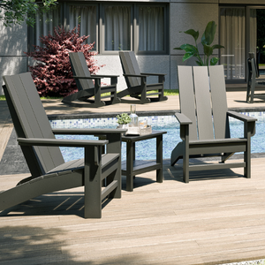 Savannah Adirondack Chair in dark gray recycled HDPE lumber with wide arms, contoured seat, and classic Adirondack silhouette outdoors.