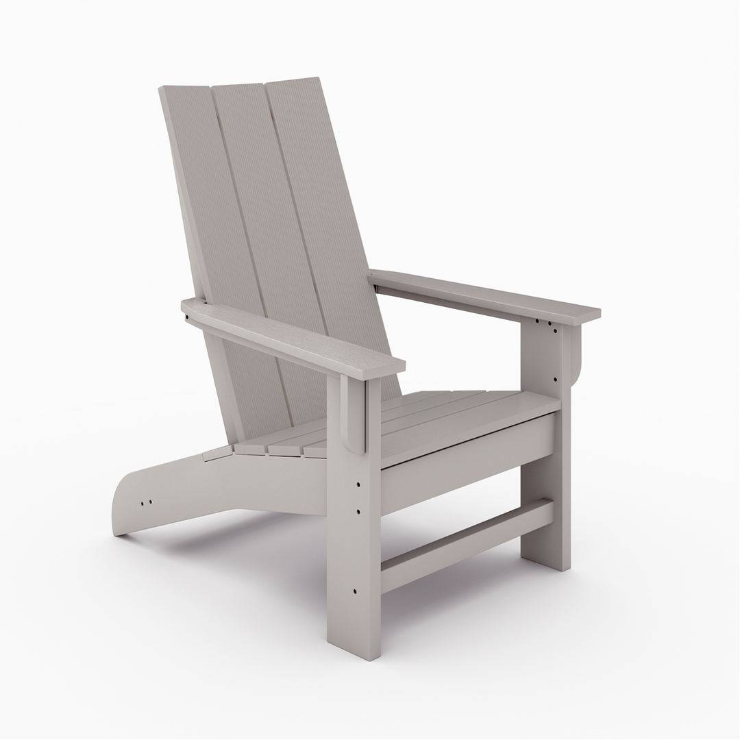 Savannah Adirondack Chair in light grey recycled HDPE lumber with wide arms, contoured seat, and slatted back design.