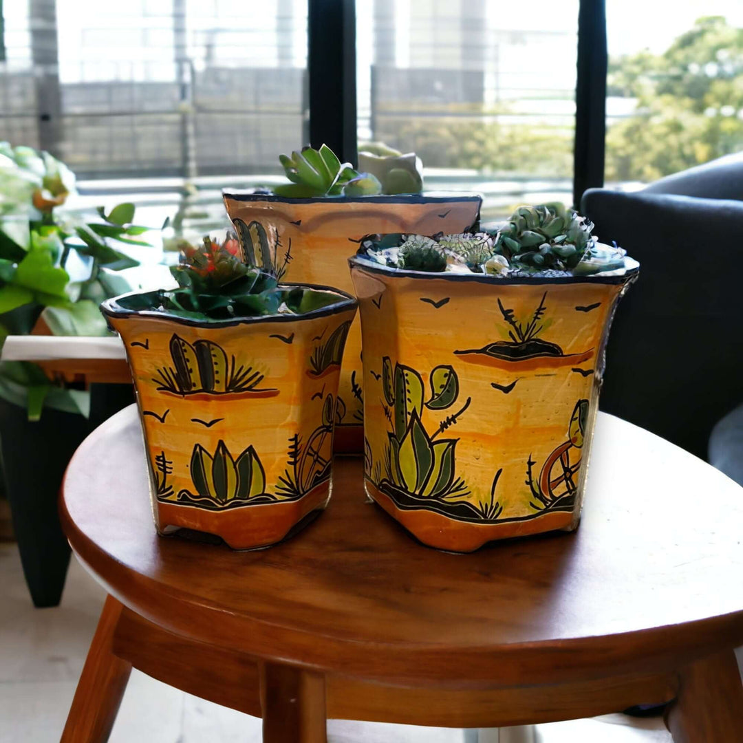 Set of 3 Vibrant Talavera Planters | Desert Landscape Pottery