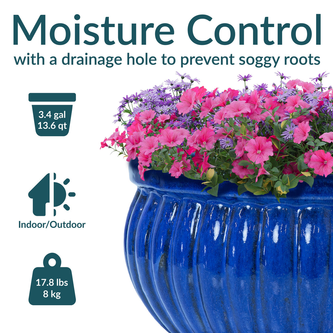 Ribbed Glazed Ceramic Planter Bowl - Imperial Blue