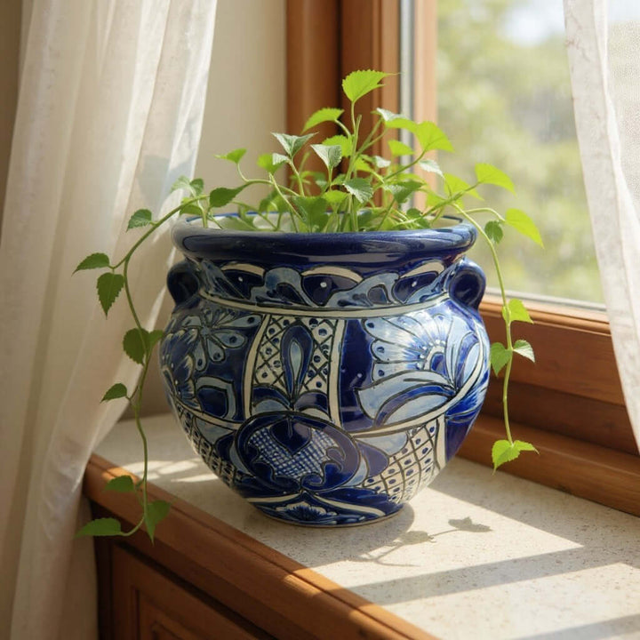 Handmade Talavera Planter | Blue &amp; White Flower Pot