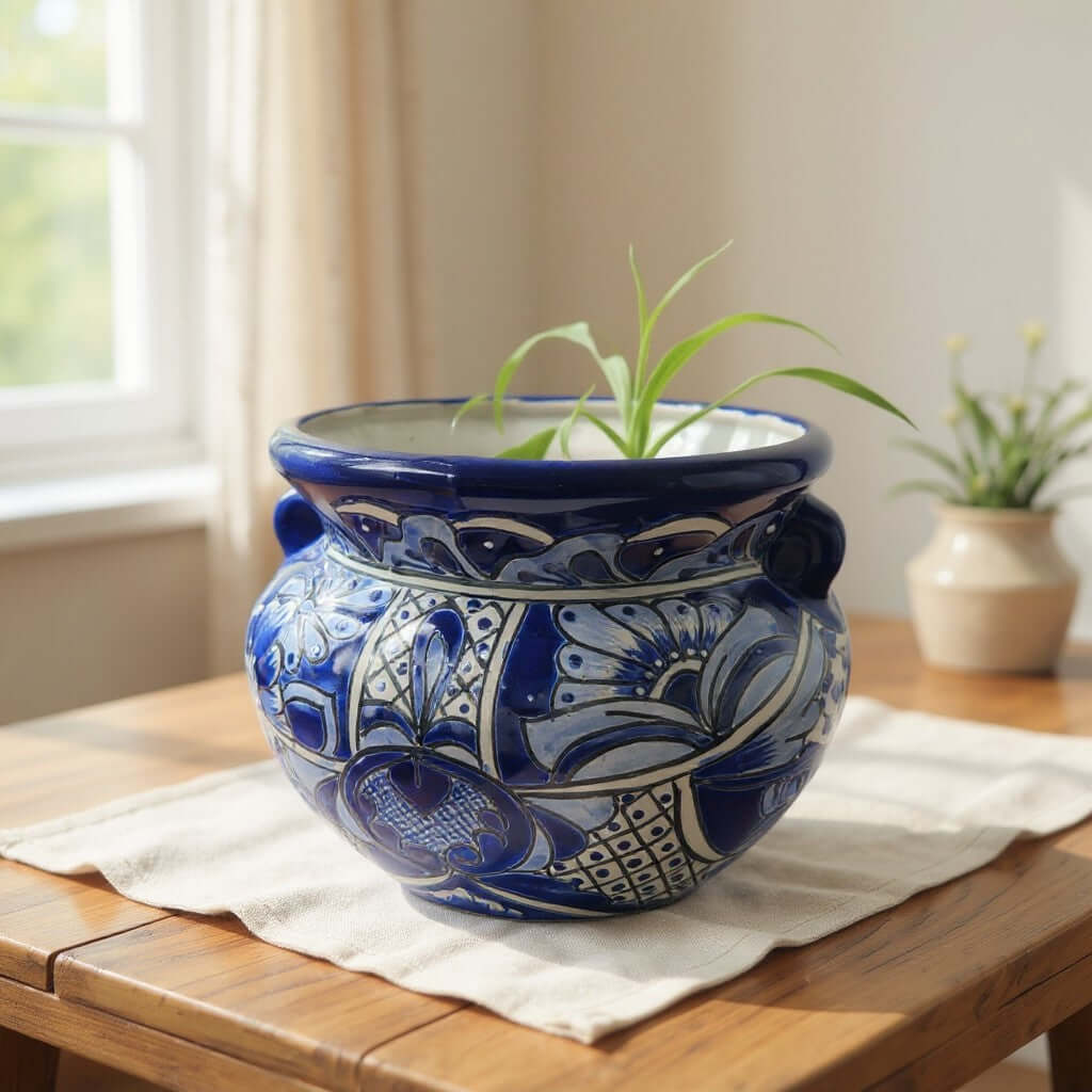Handmade Talavera Planter | Blue &amp; White Flower Pot