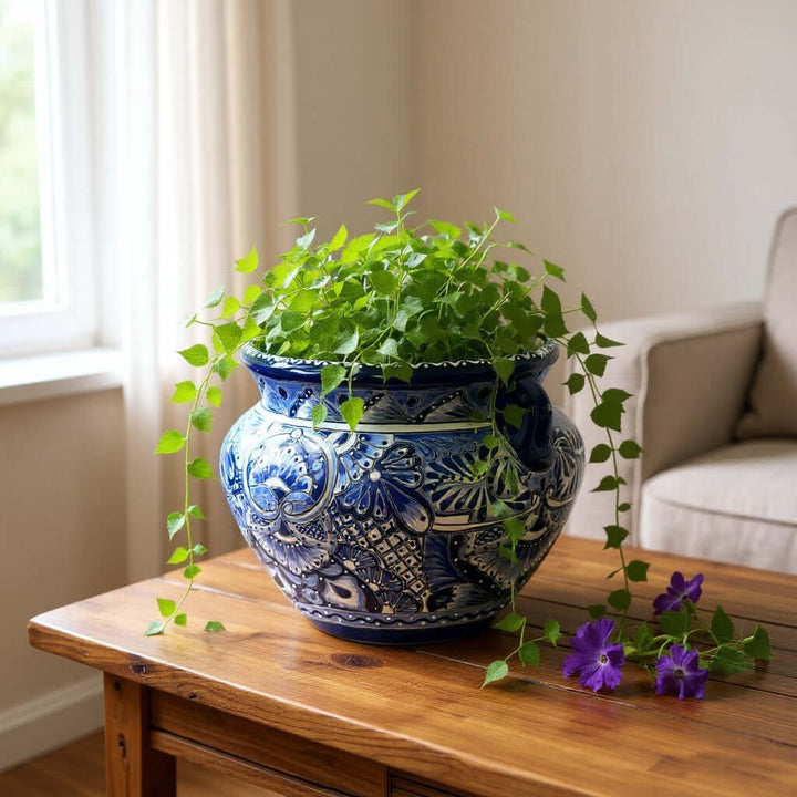 Handmade Talavera Planter | Blue &amp; White Flower Pot