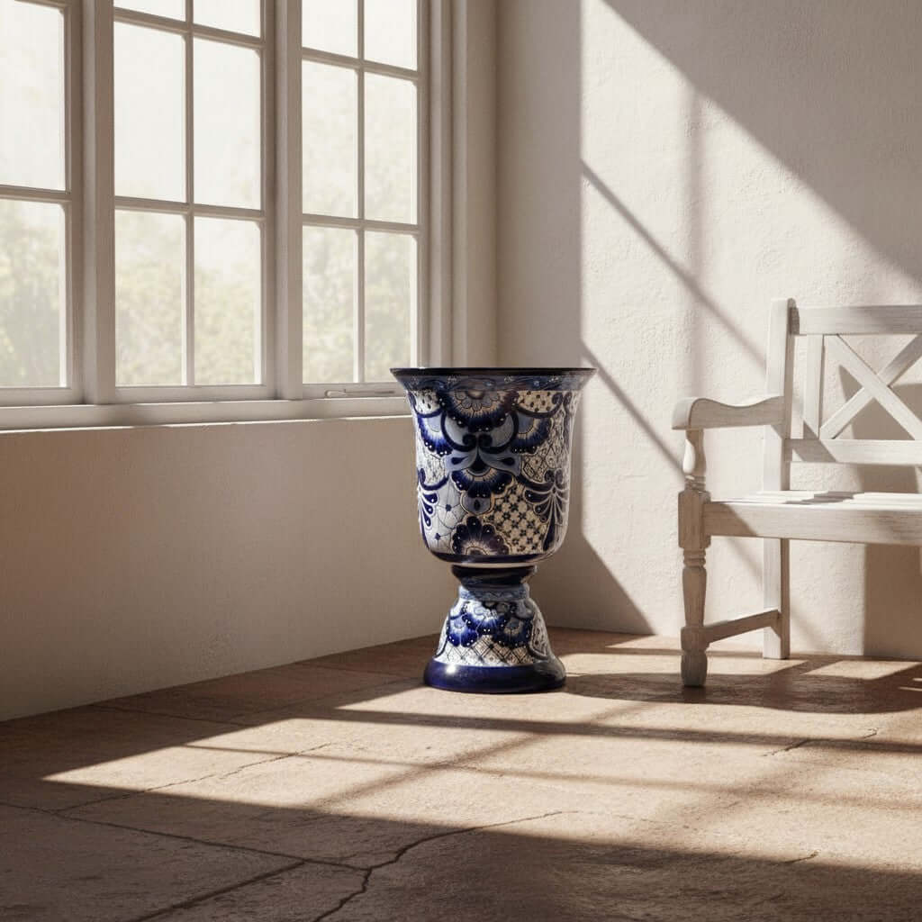 Extra Large Talavera Planter | Hand-Painted Blue Pedestal Flower Pot
