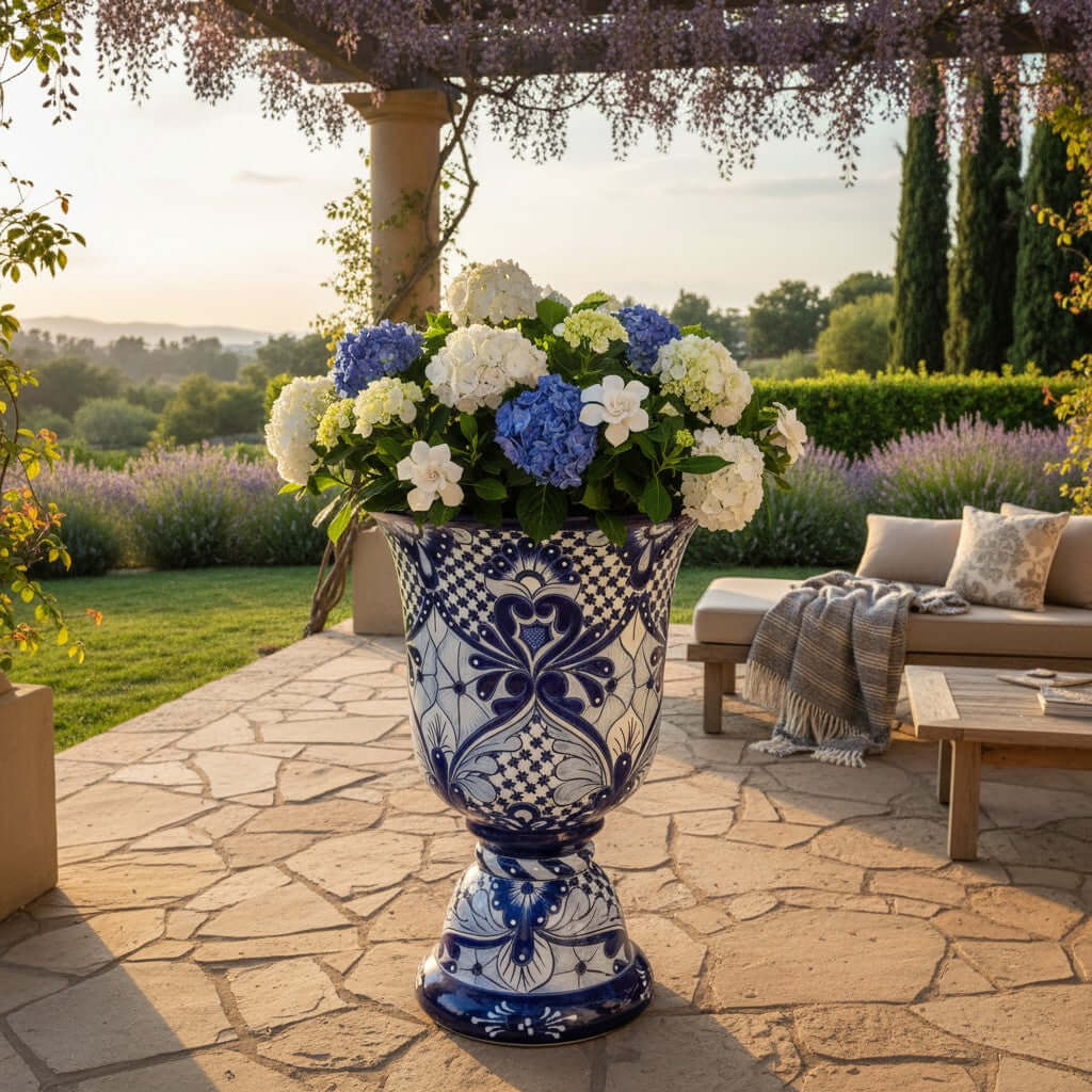 Extra Large Talavera Planter | Hand-Painted Blue Pedestal Flower Pot