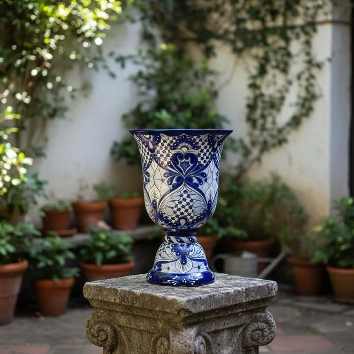 Extra Large Talavera Planter | Hand-Painted Blue Pedestal Flower Pot
