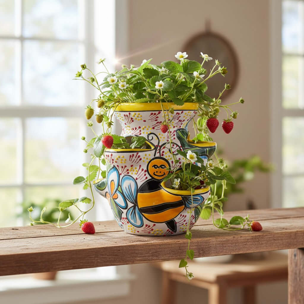 Handmade Talavera Strawberry Pot | Bumble Bee Garden Planter