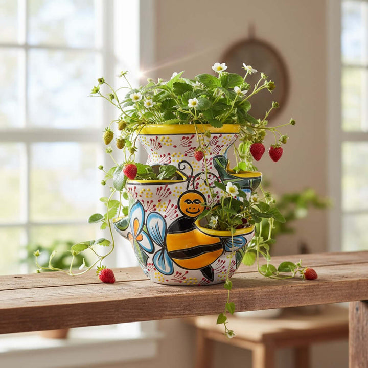 Handmade Talavera Strawberry Pot | Bumble Bee Garden Planter