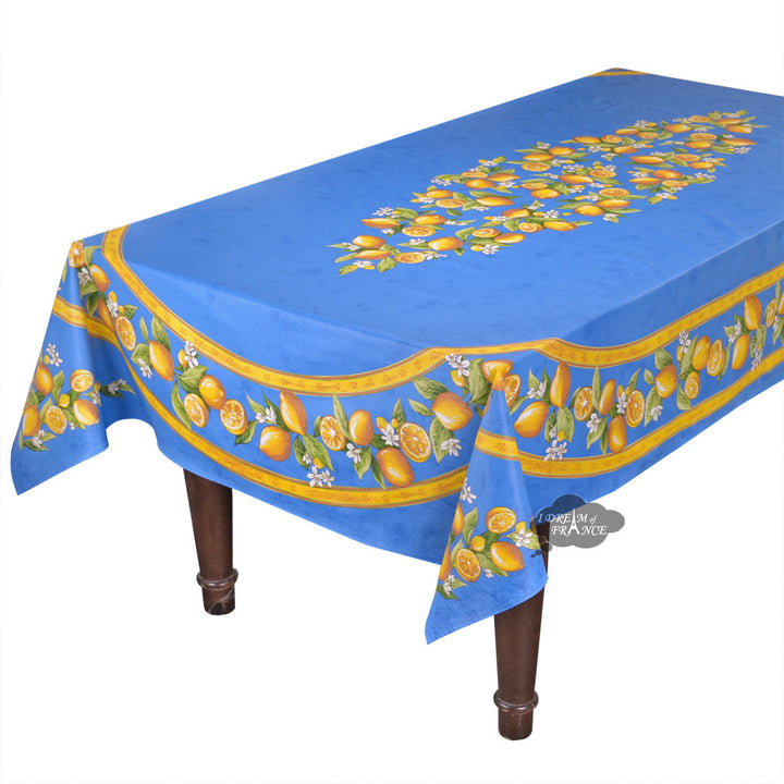 French Provencal tablecloth - Acrylic coated cotton, Spill-proof - 60x96" Rectangular - Lemons blue | Tissus Toselli - MADE IN FRANCE