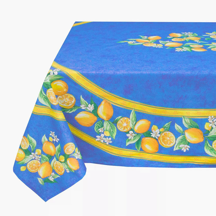 French Provencal tablecloth - Acrylic coated cotton, Spill-proof - 60x96" Rectangular - Lemons blue | Tissus Toselli - MADE IN FRANCE