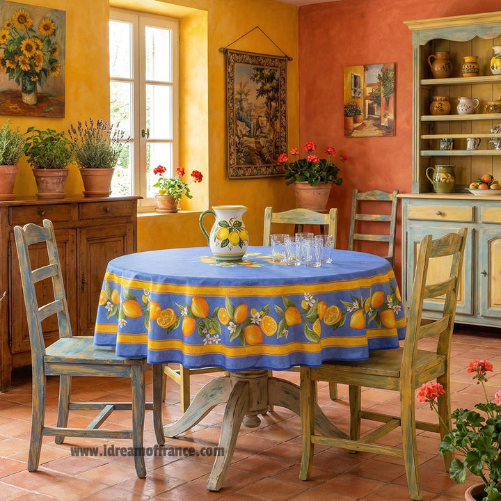 French Provencal tablecloth - Cotton, natural or acrylic-coated - 70" round - Lemon blue| Tissus Toselli - MADE IN FRANCE