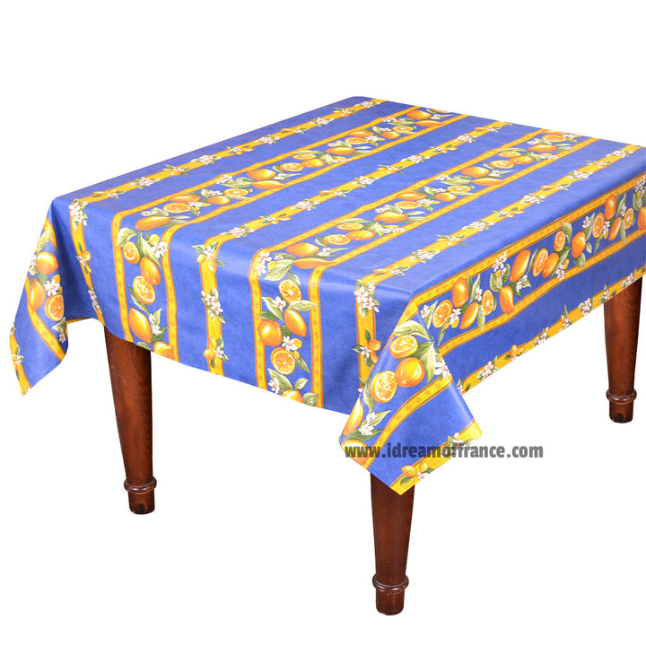 French Provencal tablecloth - Acrylic coated cotton, Spill-proof - 58" square - Lemons blue | Tissus Toselli - MADE IN FRANCE